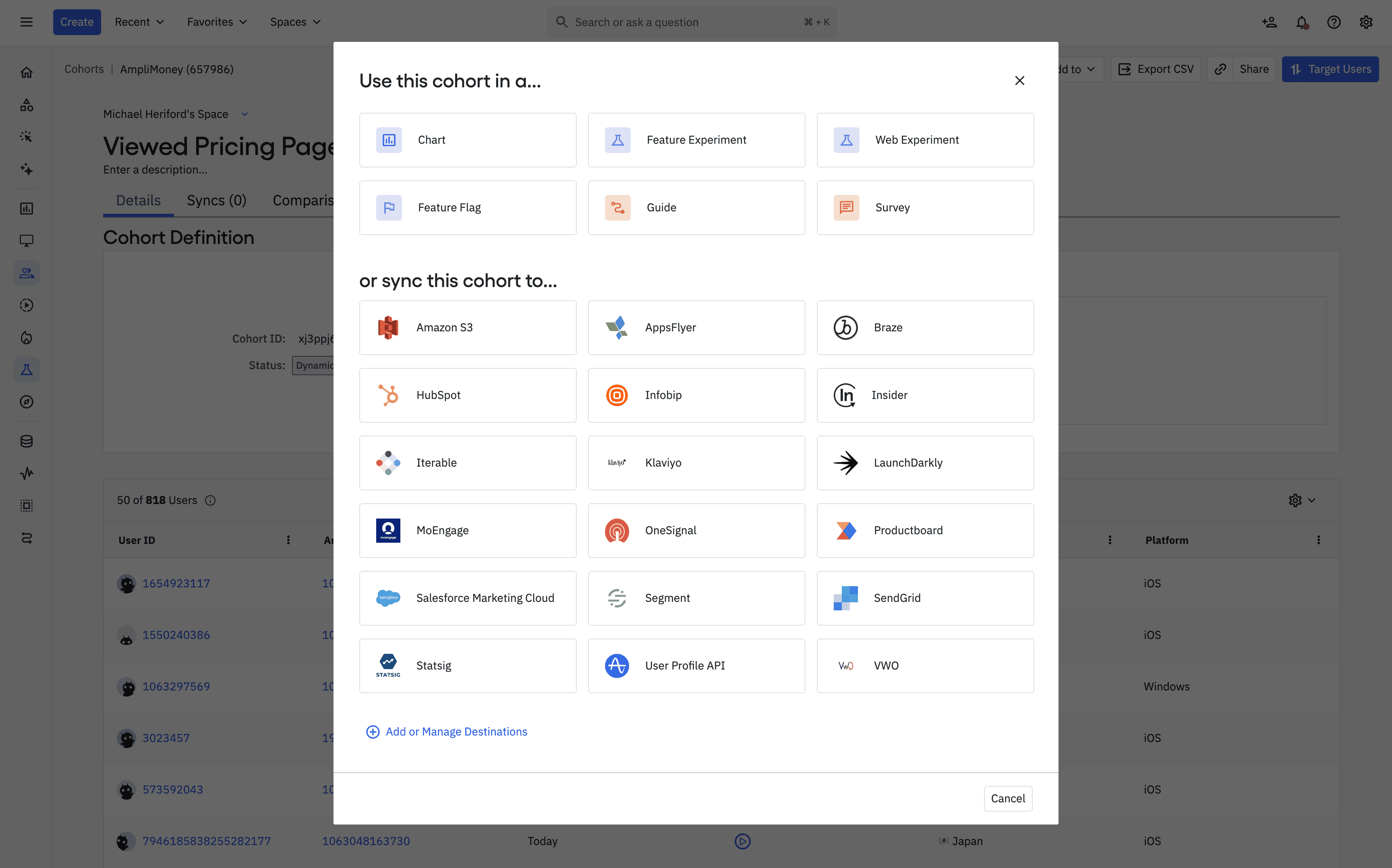 Sync a cohort of users to a third party marketing tool, like Braze.