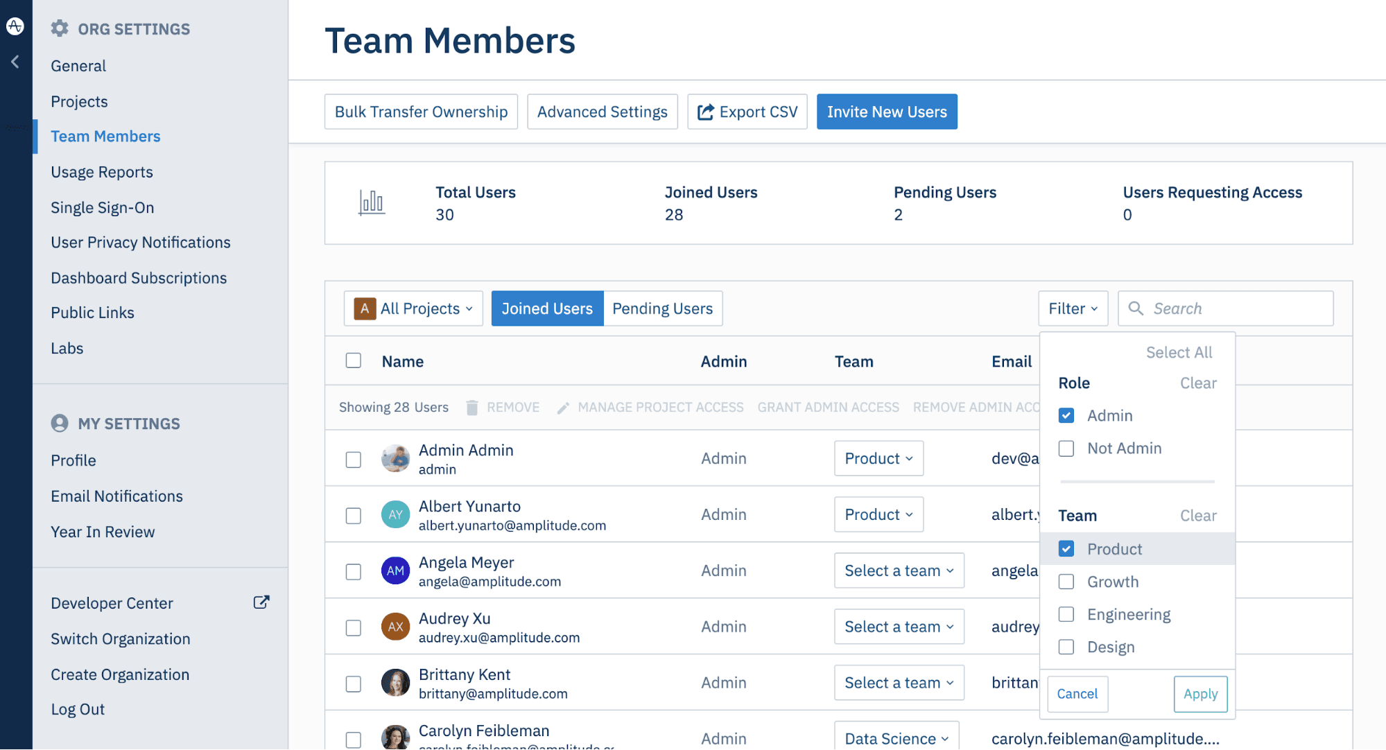 Team Member Filtering in Amplitude