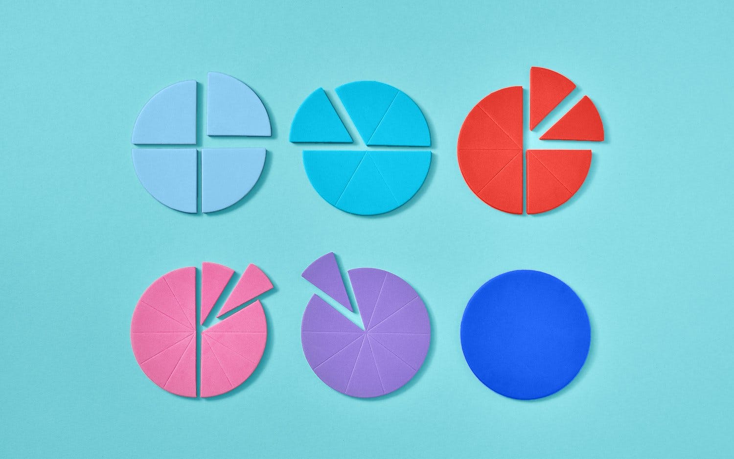 different colored pie charts of different sizes