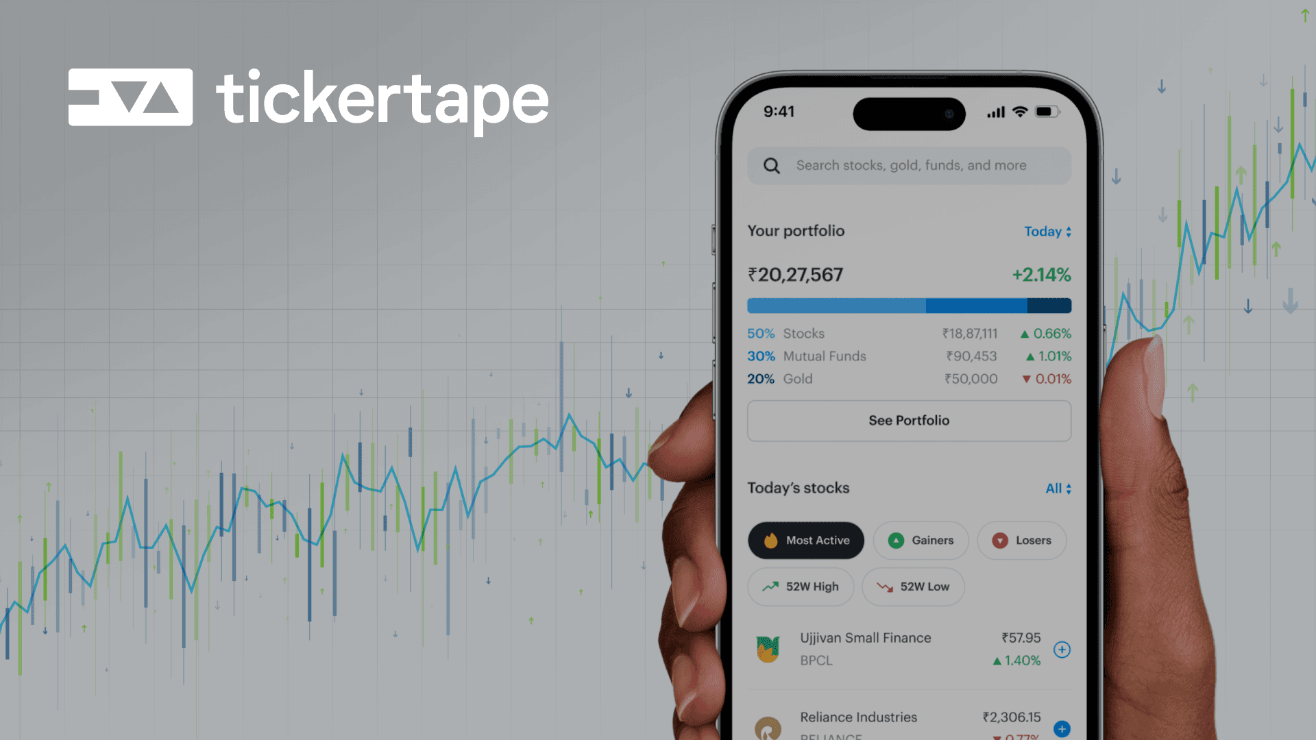 A hand holds an iPhone with the Tickertape app open in front of a background of an increasing data graph