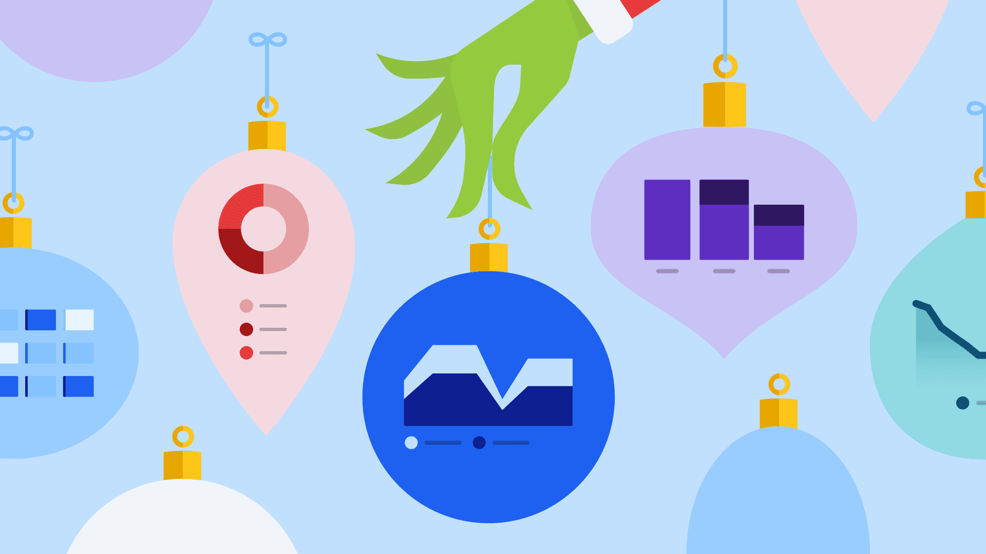 The Grinch's hand holding an ornament with an analytics chart