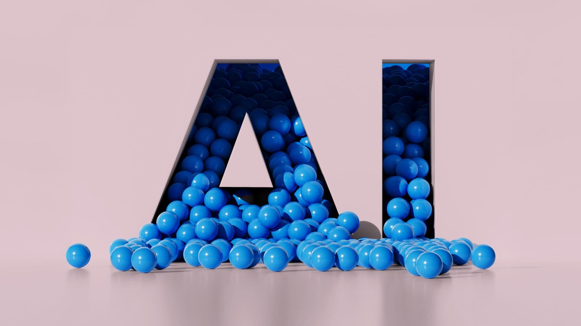 Blue spheres rolling out of the letters AI, suggesting AI development