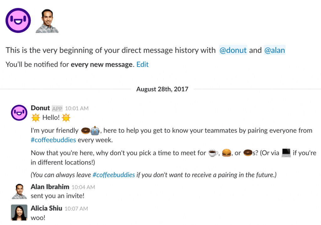 coffeebuddies via slack app donut.ai