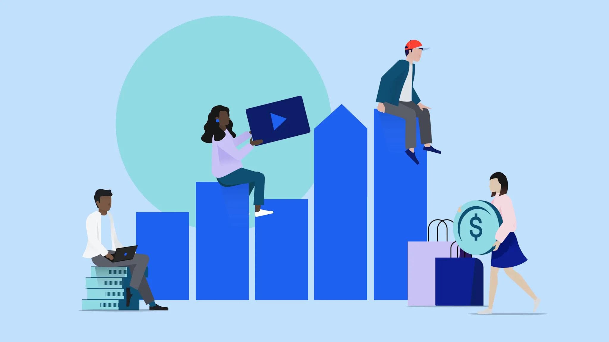 People sitting on bar charts