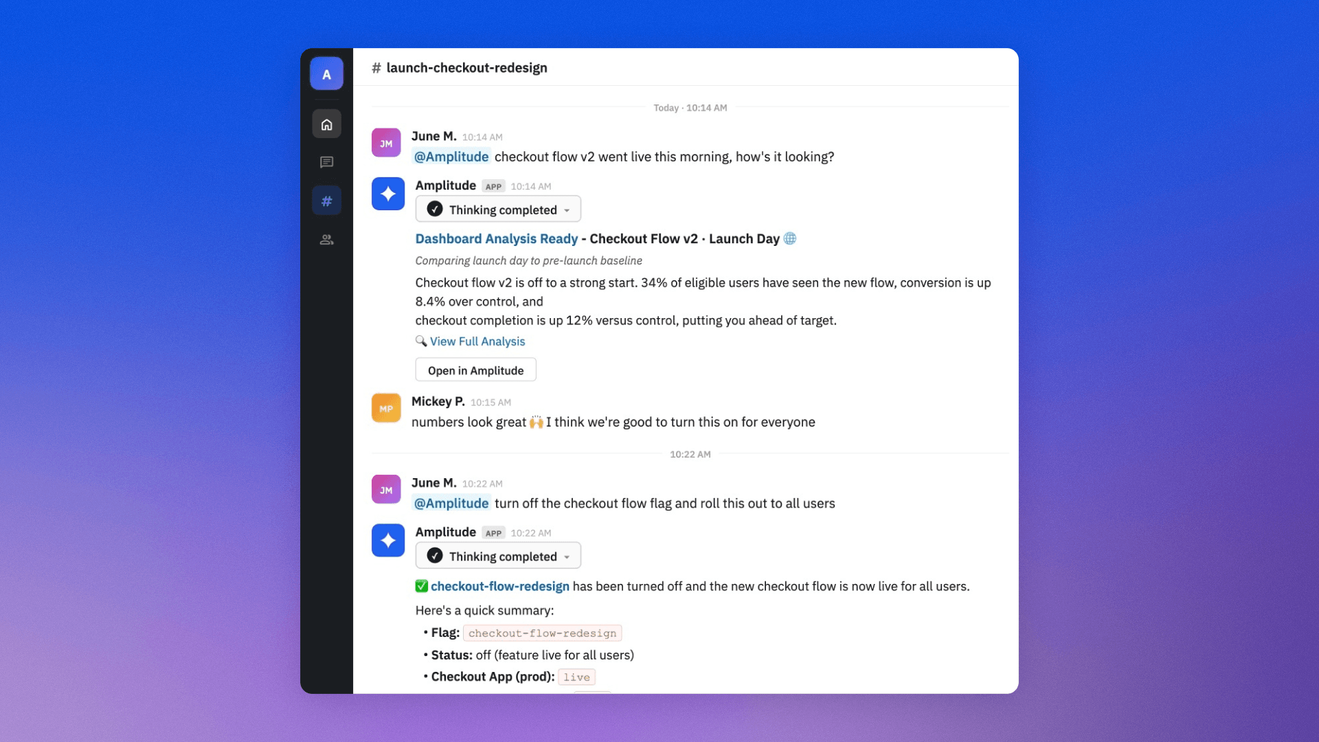 Launch checkout redesign launch in Slack