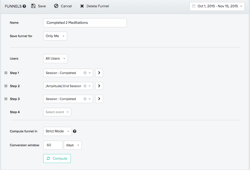 Creating a funnel of users who completed 2 meditations
