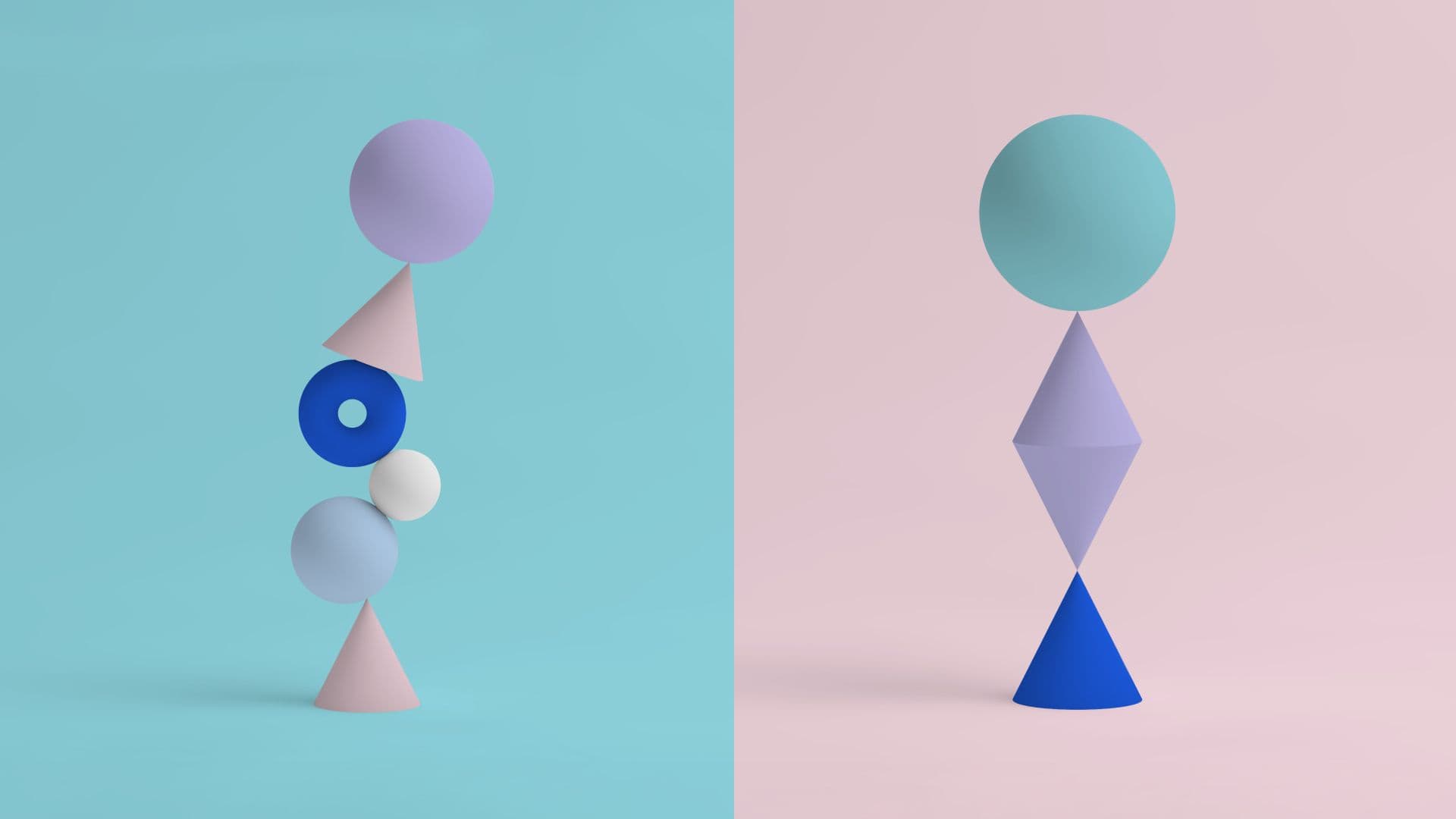 A disorderly stack of shapes compared to an orderly stack, suggesting the difference between building and buying experimentation platforms.