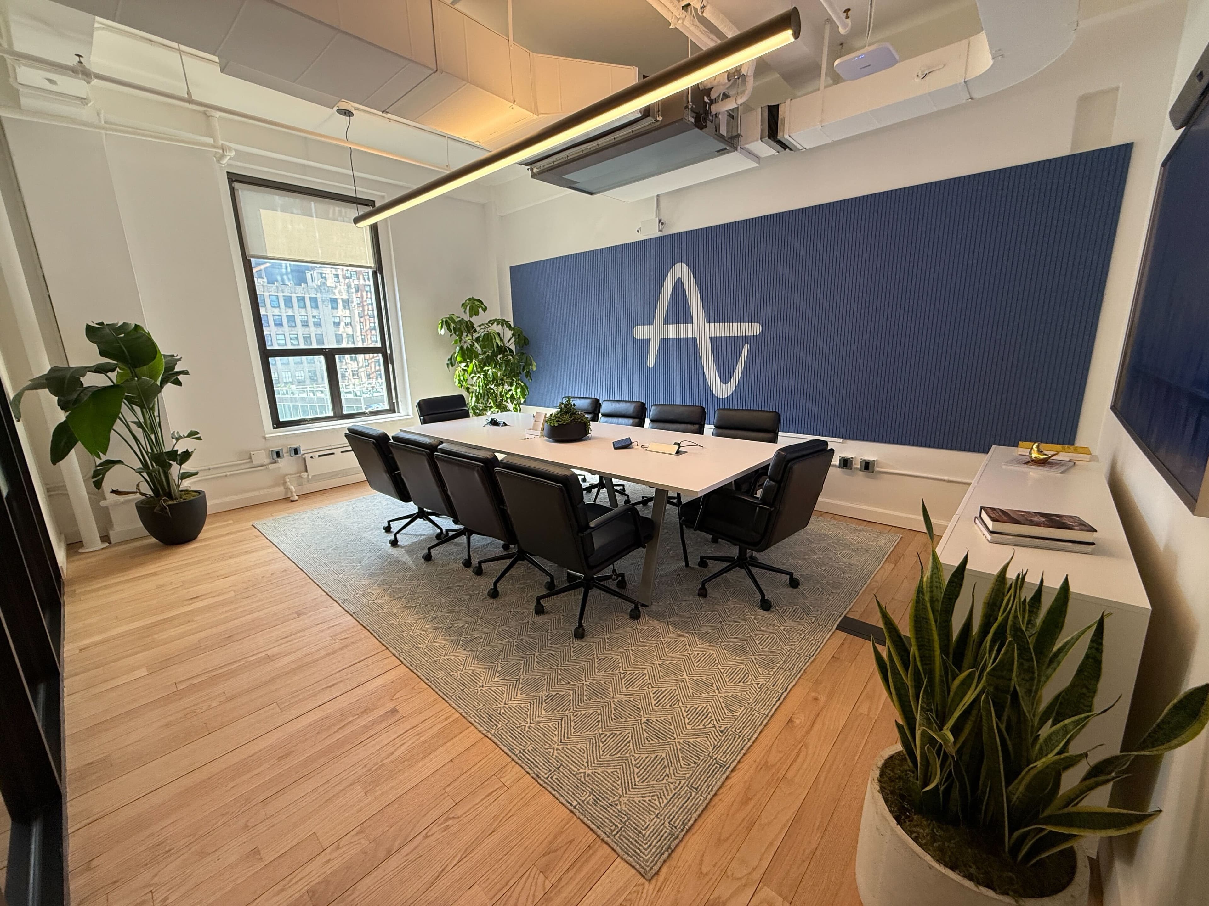A modern-looking office meeting room with an Amplitude board