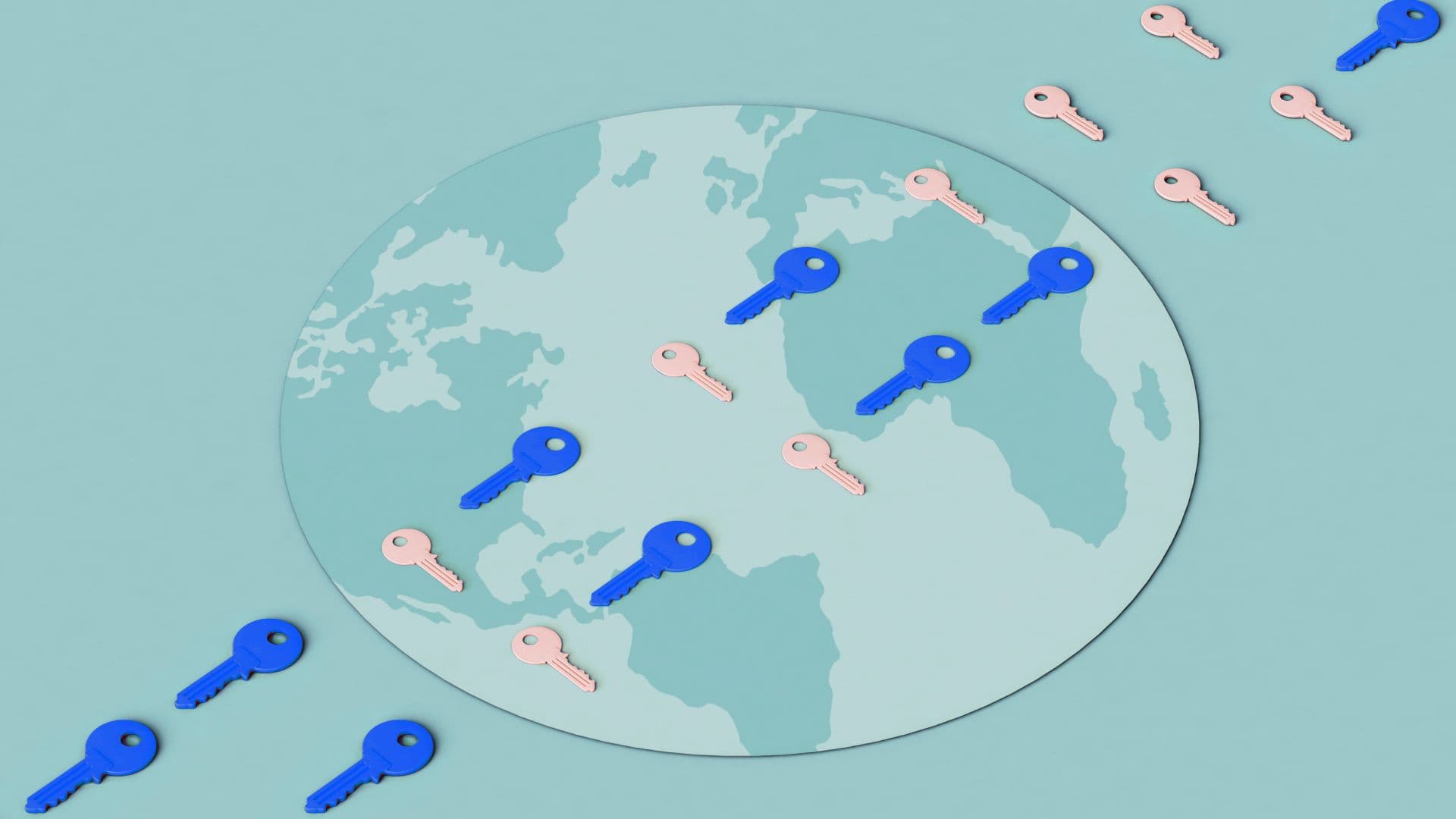 An array of keys crossing a globe, suggesting global privacy