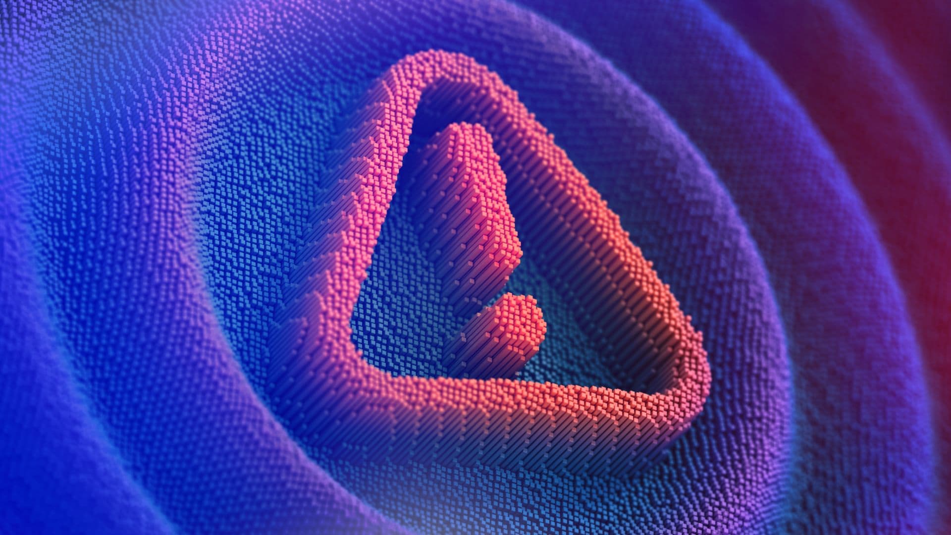 Abstract 3D illustration of a shield with a warning symbol emerging from a field of digital particles in blue and purple tones.