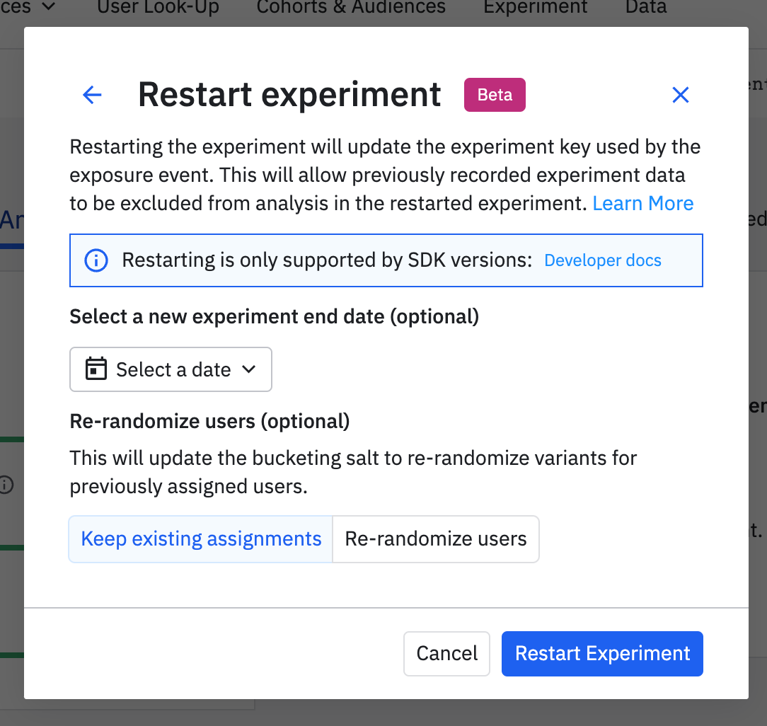 Restart experiments with one click