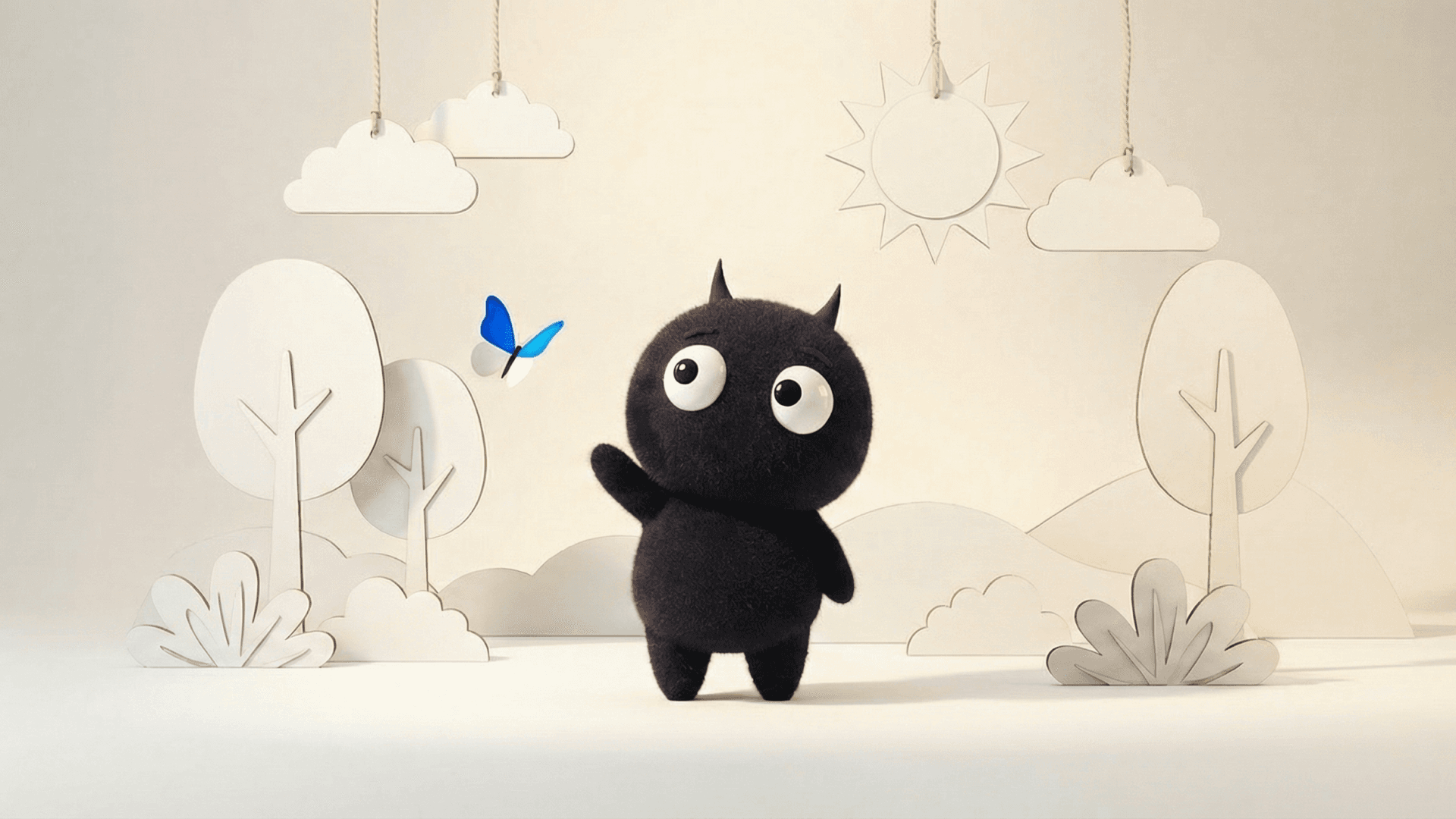 An AI-generated Data Monster looks at a blue butterfly in front of a childlike theater set made of wood cutouts