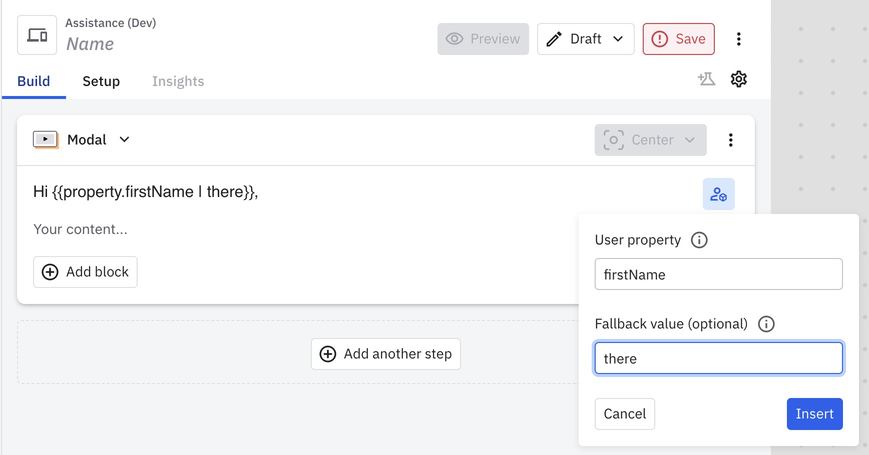 A guide modal built to include the user property property.fistName