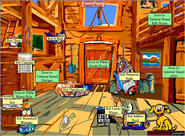 Screenshot of the Microsoft Bob interface, complete with your friendly guide Rover.